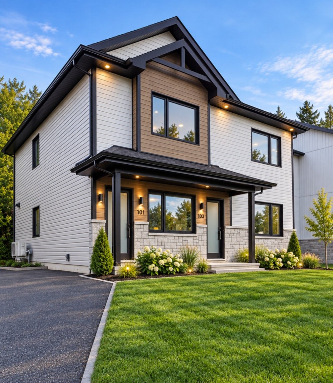 Duplex à façade blanche et couleur bois avec entrées 101 et 103, Immo GB