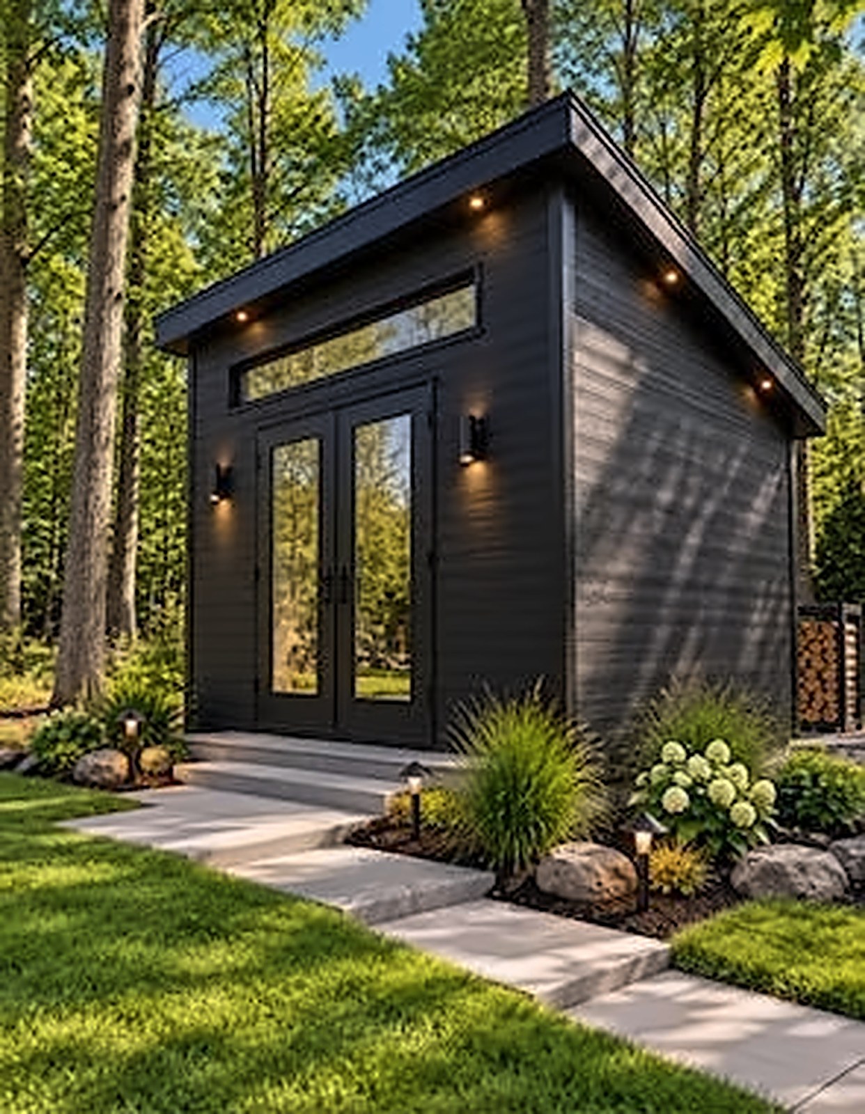 Cabanon moderne noir avec portes vitrées et aménagement paysager, Immo GB