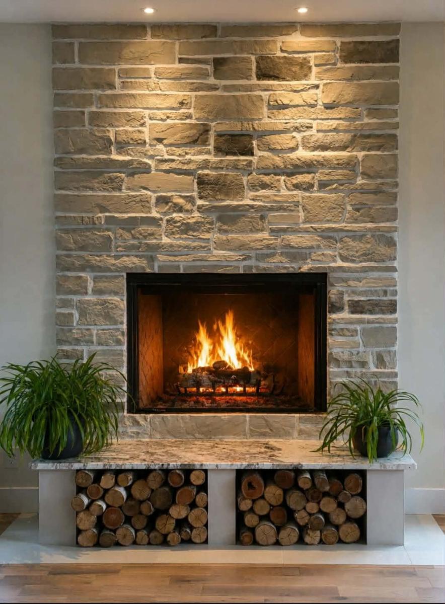 Foyer en pierre naturelle avec bûches de bois de chauffage, Immo GB