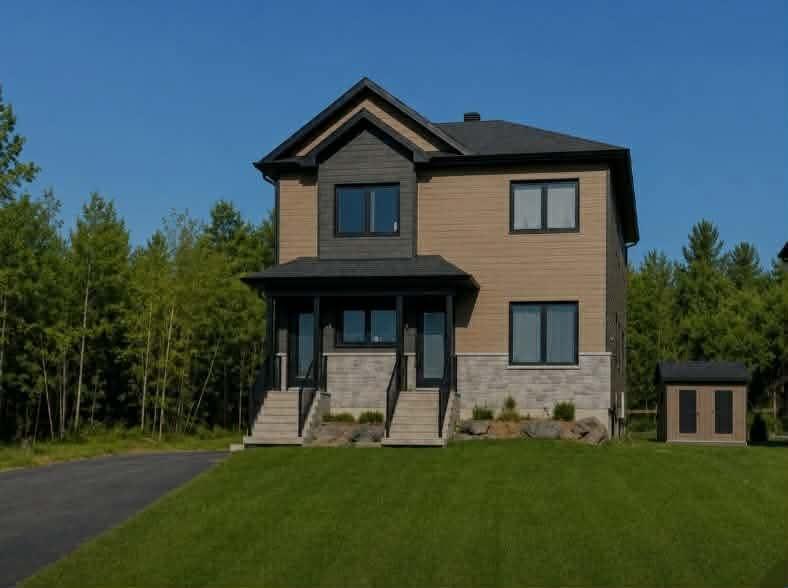 Maison neuve à façade noire et beige sur terrain boisé, Immo GB