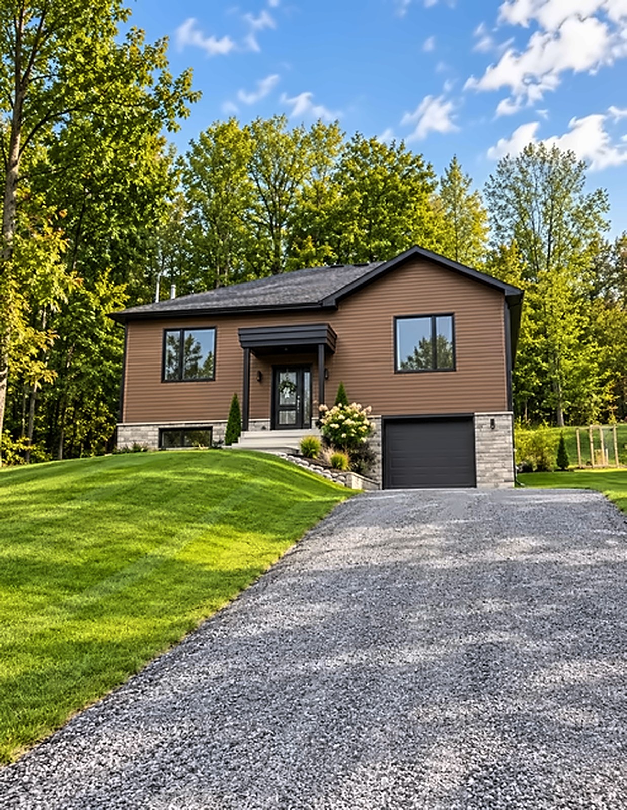 Maison neuve avec revêtement couleur bois et garage sur terrain boisé, Immo GB